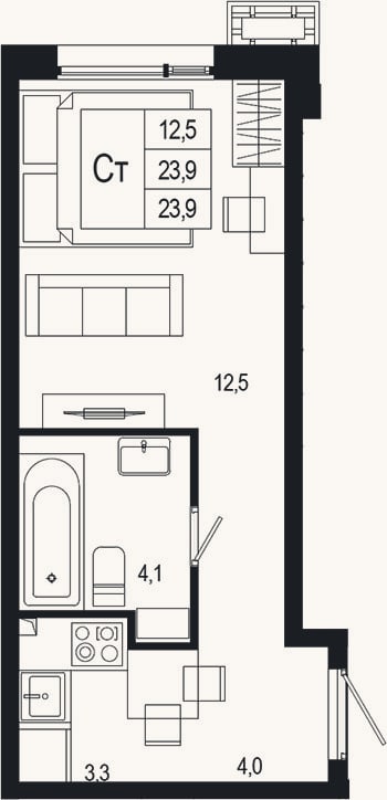 Планировка: Студия, 23,9 м²
