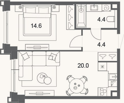 Планировка: 2-к, 43,4 м²