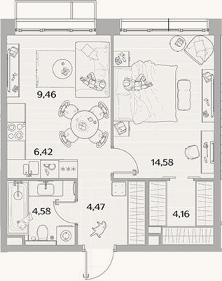 Планировка: 2-к, 43,7 м²