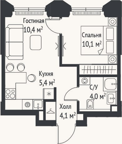 Планировка: 2-к, 33,9 м²