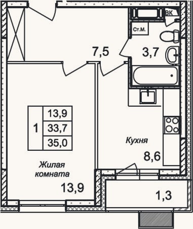 Планировка: 1-к, 33,7 м²