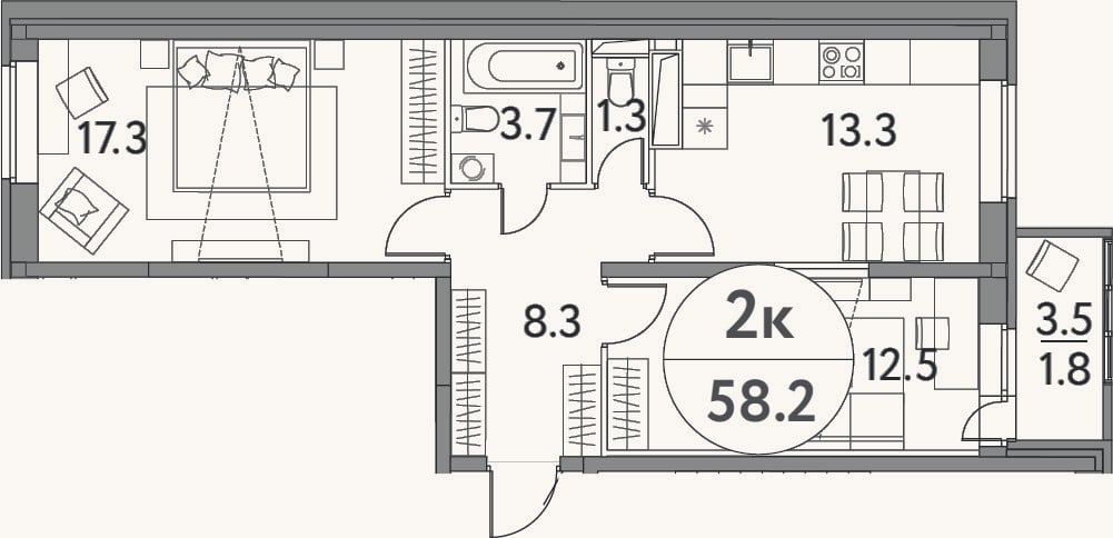 Планировка: 2-к, 56,4 м²