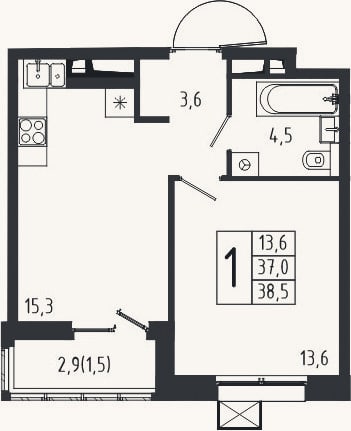 Планировка: 1-к, 37 м²