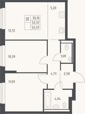 Планировка: 3-к, 53,4 м²