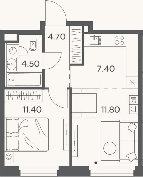 Планировка: 2-к, 39,8 м²