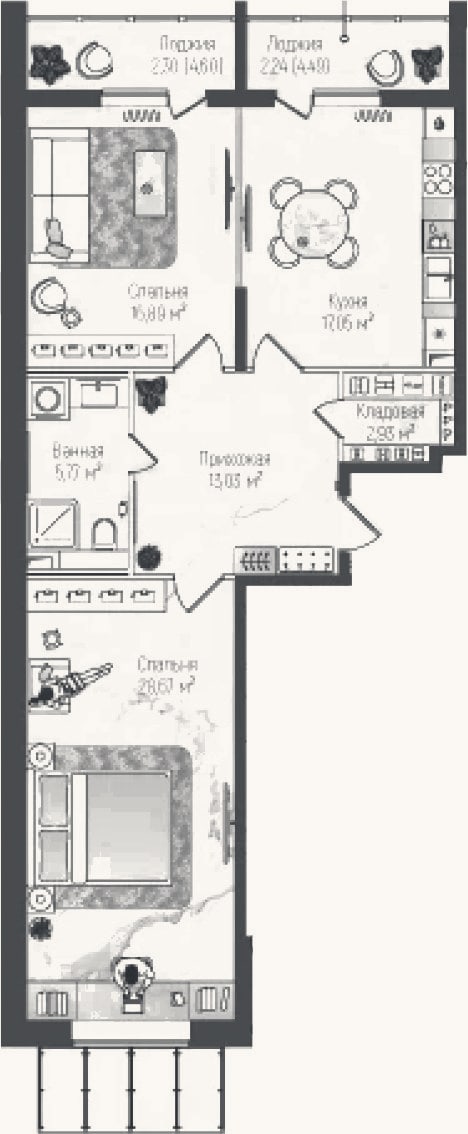 Планировка: 2-к, 84,3 м²