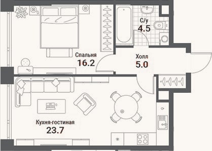 Планировка: 2-к, 49,5 м²
