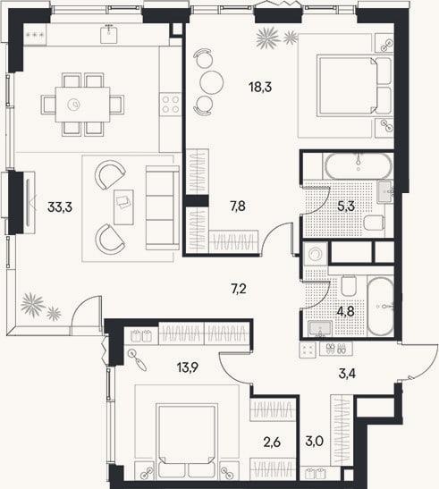 Планировка: 3-к, 99,6 м²