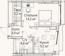 Планировка: 1-к, 34,2 м²