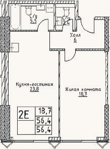 Планировка: 2-к, 56,7 м²