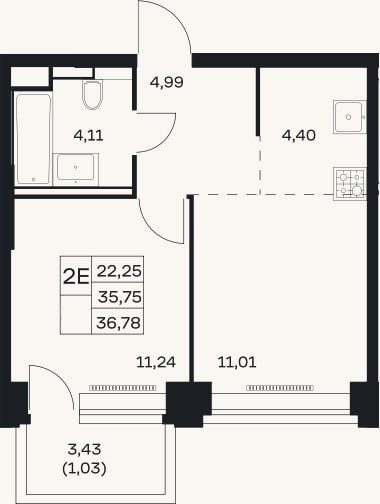 Планировка: 2-к, 35,8 м²