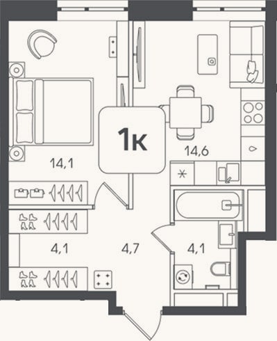 Планировка: 1-к, 41,6 м²