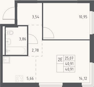 Планировка: 2-к, 40,9 м²
