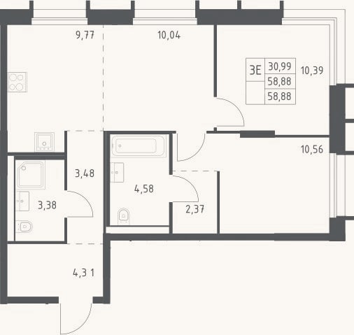 Планировка: 3-к, 58,9 м²