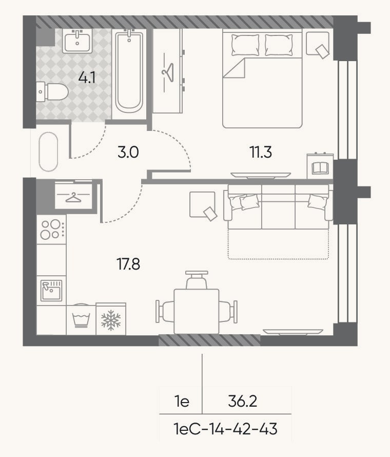 Планировка: 2-к, 36,2 м²
