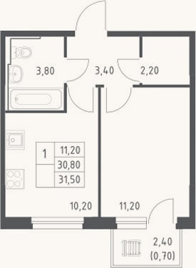 Планировка: 1-к, 30,8 м²
