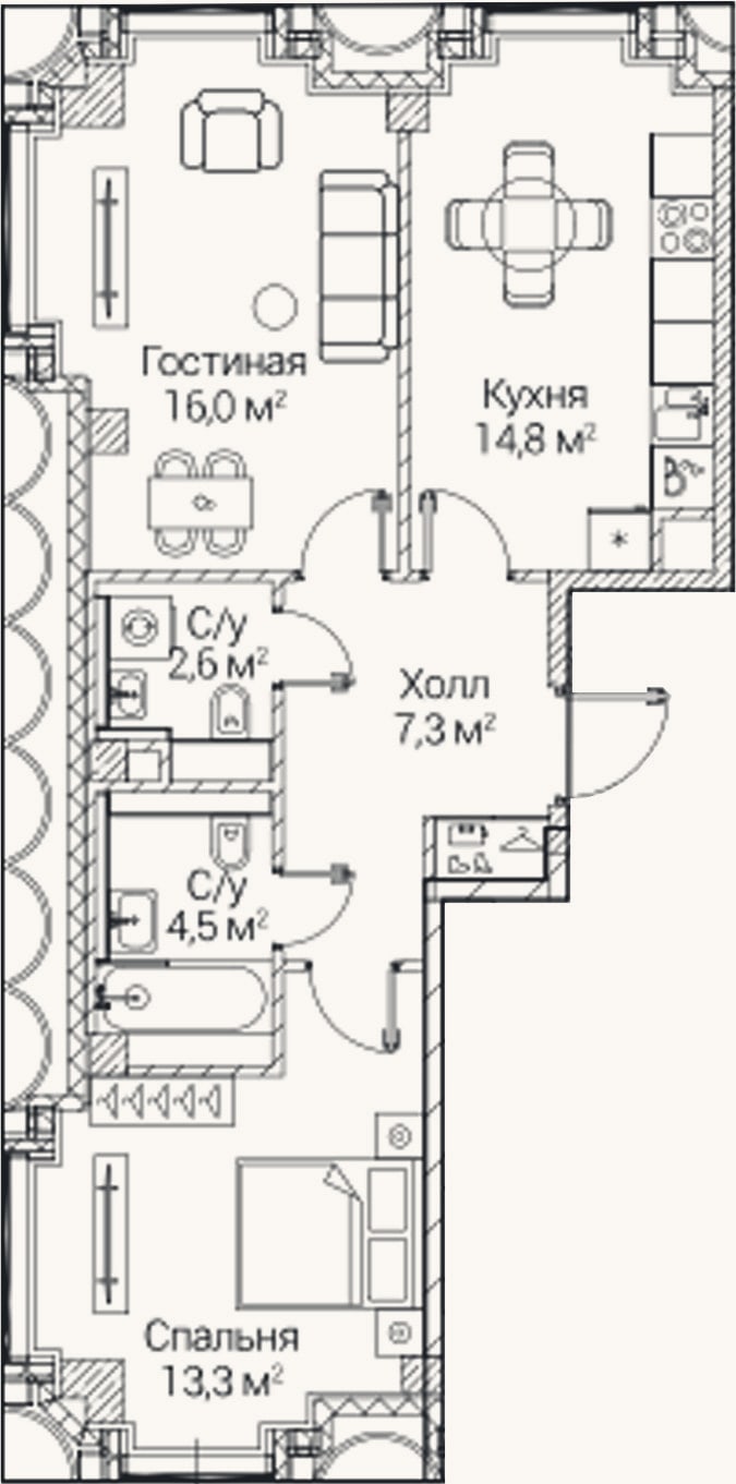 Планировка: 2-к, 58,9 м²