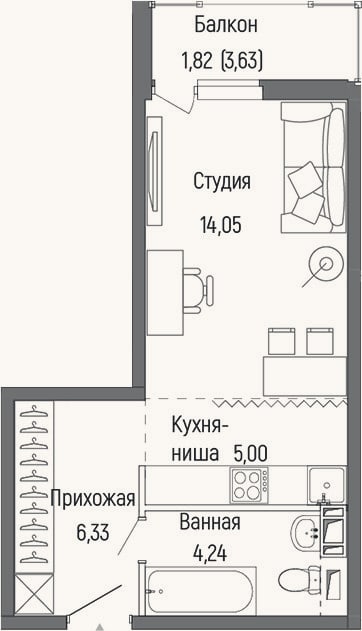 Планировка: Студия, 29,6 м²