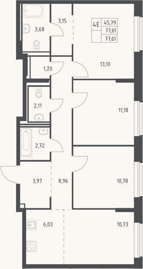 Планировка: 4+ к, 77,6 м²