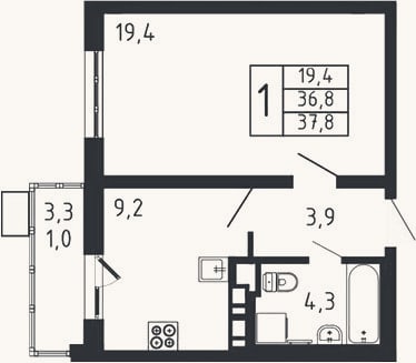 Планировка: 1-к, 36,8 м²