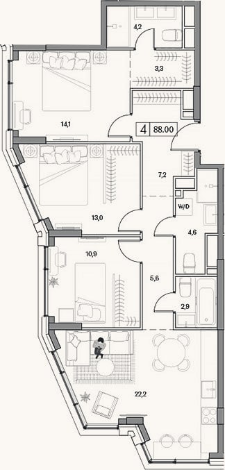 Планировка: 4+ к, 87 м²