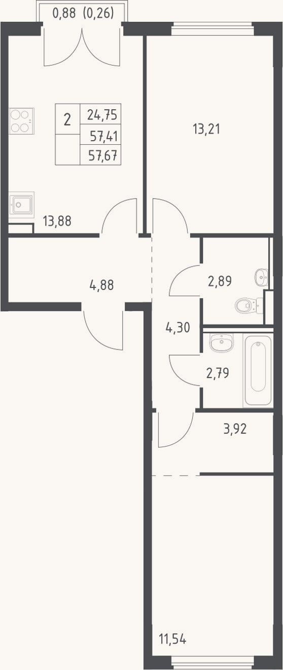 Планировка: 2-к, 57,4 м²