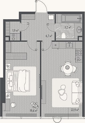 Планировка: 2-к, 56,3 м²