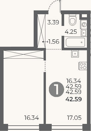 Планировка: 1-к, 42,6 м²
