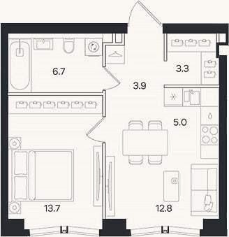 Планировка: 2-к, 45,4 м²