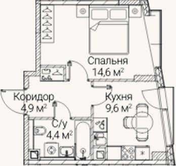 Планировка: 1-к, 33,5 м²