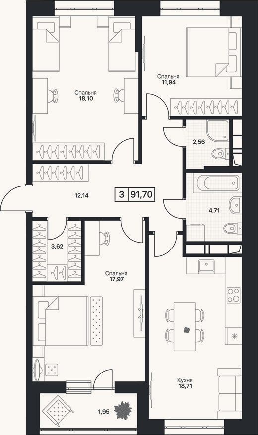 Планировка: 3-к, 89,8 м²
