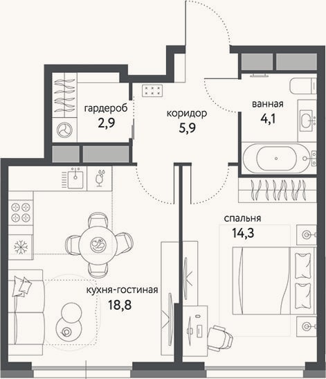 Планировка: 2-к, 46 м²