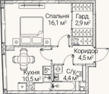 Планировка: 1-к, 38,4 м²