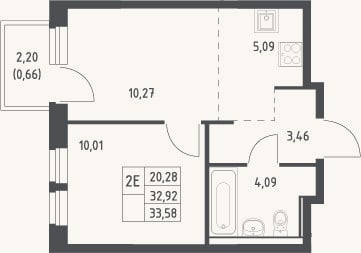 Планировка: 2-к, 32,9 м²
