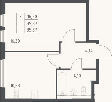 Планировка: 1-к, 35,4 м²