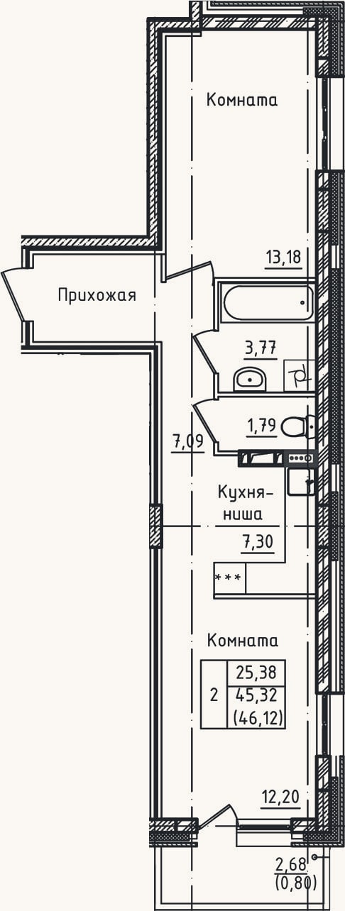 Планировка: 2-к, 45,3 м²
