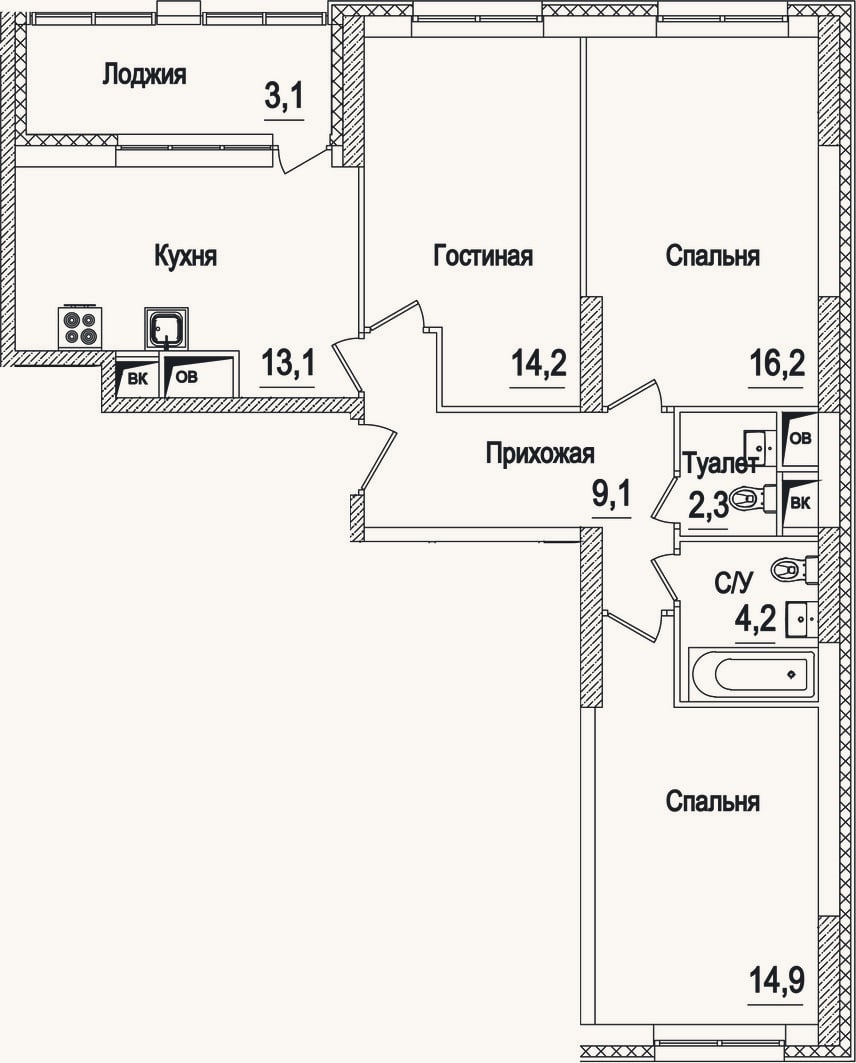 Планировка: 3-к, 74,3 м²