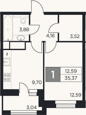 Планировка: 1-к, 33,9 м²