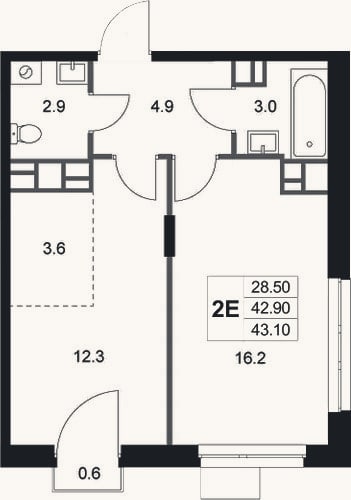 Планировка: 2-к, 42,9 м²