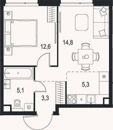 Планировка: 2-к, 41,1 м²