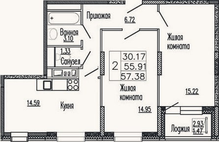Планировка: 2-к, 56,4 м²