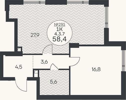 Планировка: 1-к, 58,4 м²