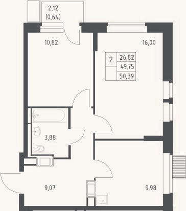Планировка: 2-к, 49,8 м²