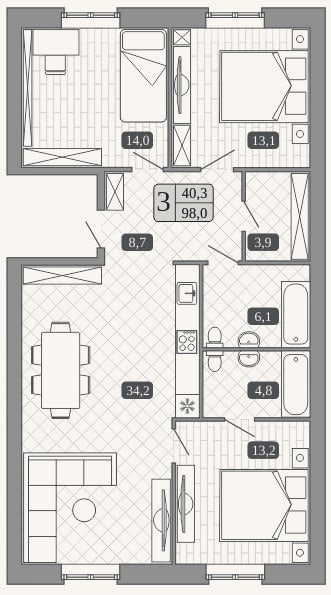 Планировка: 4+ к, 98 м²