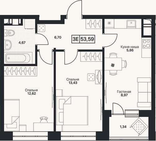 Планировка: 3-к, 52,3 м²