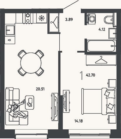 Планировка: 1-к, 42,7 м²