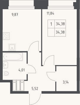 Планировка: 1-к, 34,4 м²