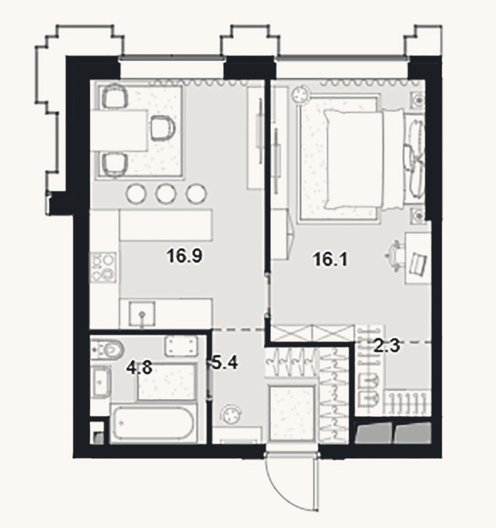 Планировка: 1-к, 45,5 м²
