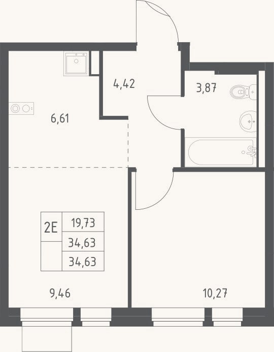 Планировка: 2-к, 34,6 м²