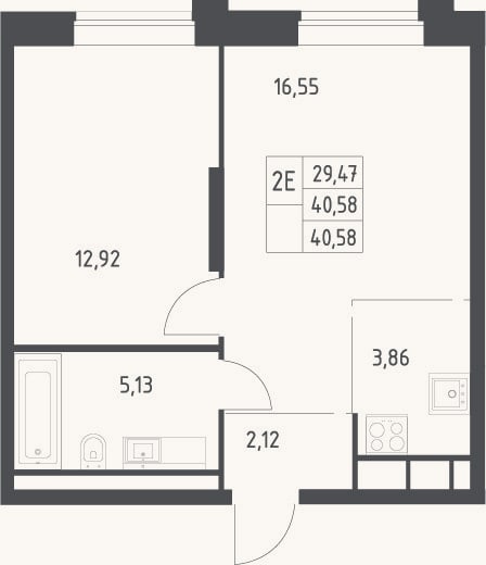 Планировка: 2-к, 40,6 м²